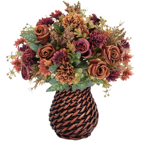 3 Bundles Fall Fake Flowers with Vase - Autumn Centerpieces for Tables