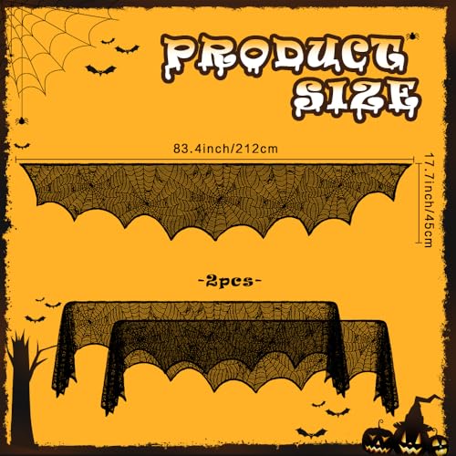 Halloween Mantle Scarf 2 Pcs Black Lace Spiderweb Fireplace Decor Set - 18x83 Inches
