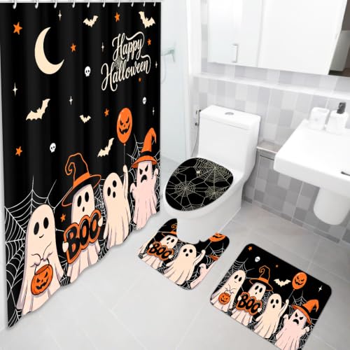 Tiamon Black Ghost Halloween Bathroom Shower Curtain Set - 7 Pcs