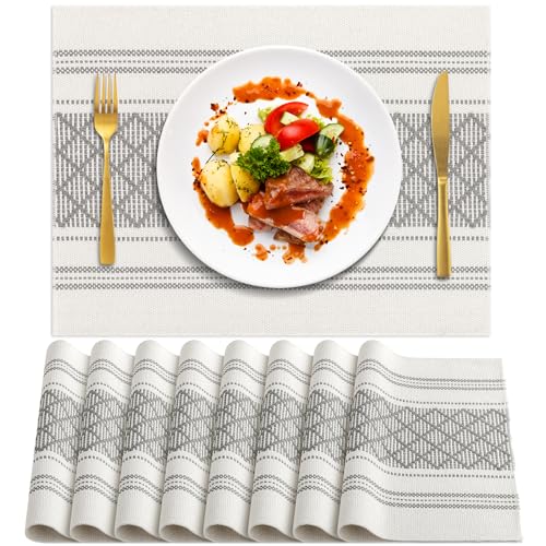 Grey & White Boho Placemats Set of 8 - Cotton Blend Rustic Table Mats 14x18 Inches