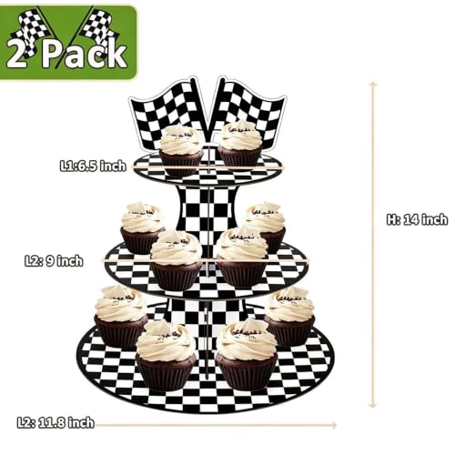 Race-Themed 2 Pack 3-Tier Cupcake Stand Checkered Flag Cardboard Tower Holder - Purple