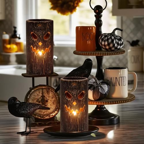 Halloween Flameless Candles 2PCS Ghost Tree Carved Pillar with Hollow Tree Variation