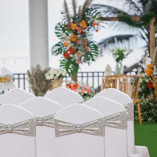 50 Pack Silver Sequin Chair Sashes with Buckles - Elegant Party Wedding Decor
