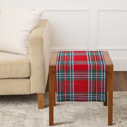 Linen Table Runner Red Madras Holiday Plaid 14x36 Inch - Handcrafted