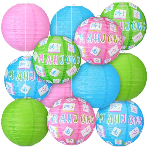 Panelee Mahjong Party Decorations - 12 Hanging Paper Lanterns - Mahjong Theme Variation