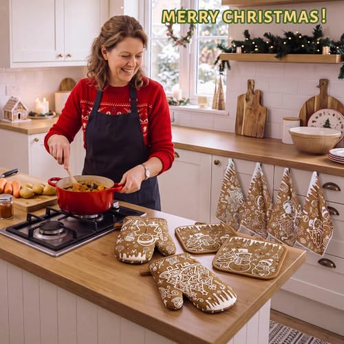 Gingerbread Christmas Kitchen Accessories Set - 12 Pcs with Towels, Oven Mitts & Pot Holders - Holiday Decor