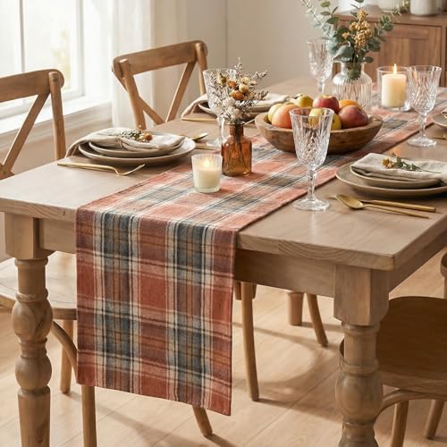 Rust Farmhouse Table Runner 13x108 Inch - Fall Plaid Decor - Artoid Mode Variation 13" x 108" Rust