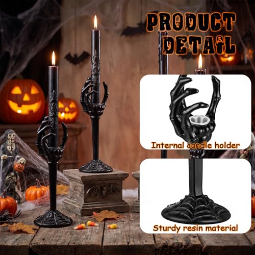 Halloween Skull Taper Candle Holders - Skeleton Hands, Black, 2 Pack