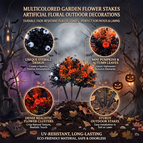 Black 22 Inch Artificial Flower Stakes for Lawn & Garden Decor - Halloween & All-Season Outdoor Stakes - 2 Pack