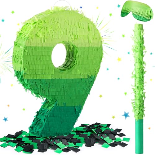 Number 9 Piñata - 16 Inch Green Birthday Party Pinata with Stick & Blindfold