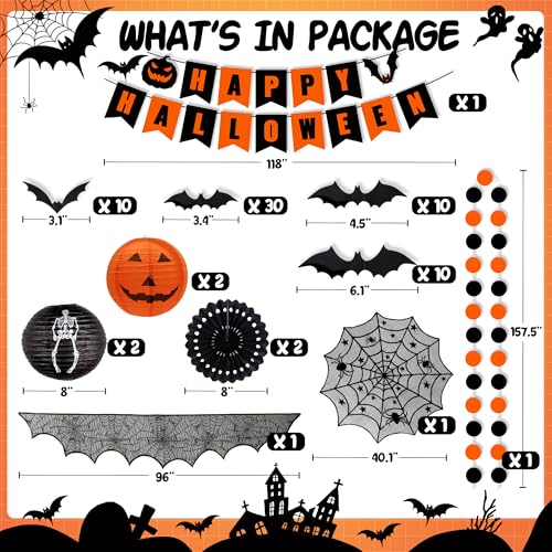 Halloween Decorations Indoor Set with Paper Lanterns Bat Stickers Banner & Mantel Scarf