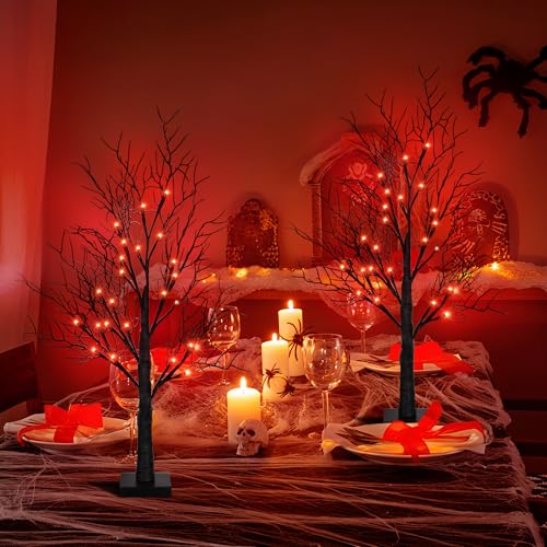Indoor Halloween Spooky Tree Lights 24 Inch 2 Pack with Orange Red LED & Timer - Battery & USB Operated Decor