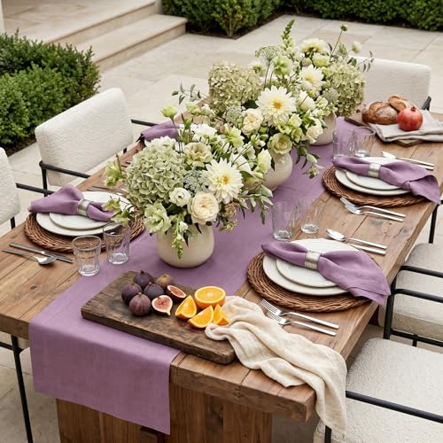 Pure Linen Table Runner Mulberry 14x72 Inch Fete - Handcrafted, Machine Washable