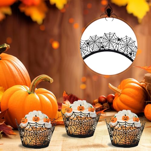 Black Halloween Cupcake Liners with Spider Web Toppers - 50 Pcs