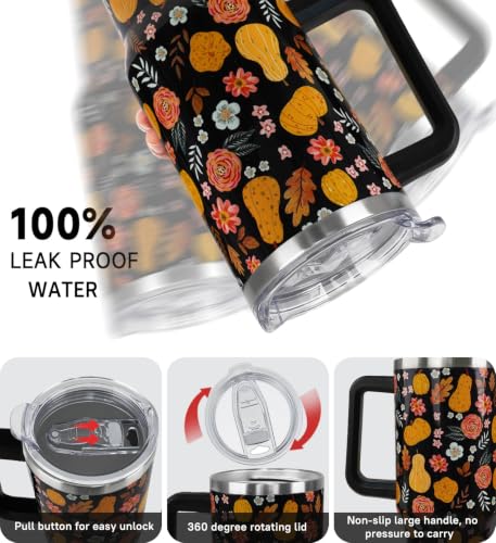 Fall Black Pumpkin Flower 40oz Tumbler with Handle - Halloween Decor Gift