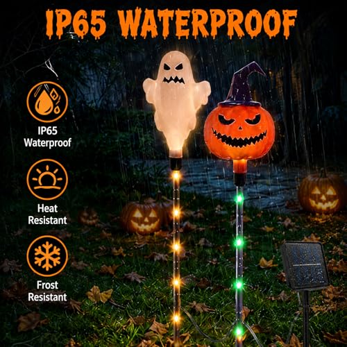 Outdoor Solar Ghost and Pumpkin Lights Set - 6pcs Halloween Pathway Decor with 3 Modes - Waterproof Landscape Lights, Orange Variation