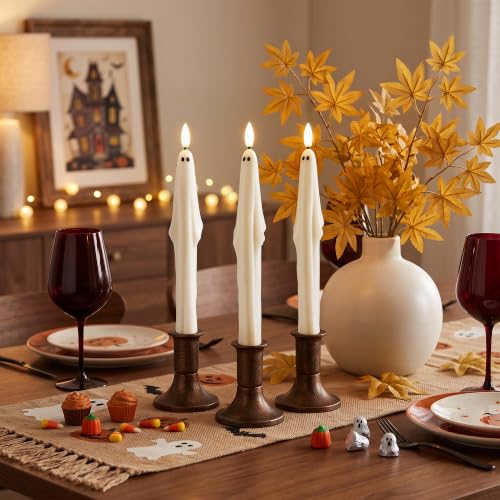Halloween Ghost Candlesticks Set - Flameless Taper Candles with Remote, 3 Pack