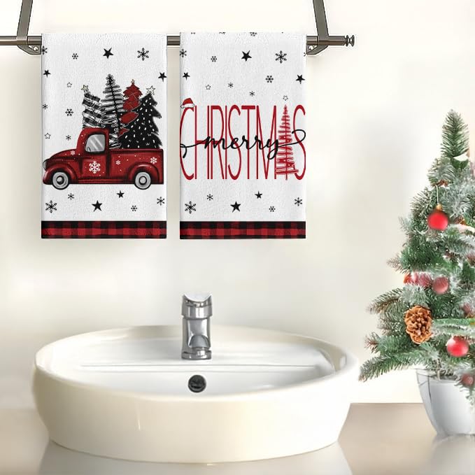 Christmas Hand Towel Set of 2 - Red Truck & Tree Design, 18x26 Inch Holiday Decor