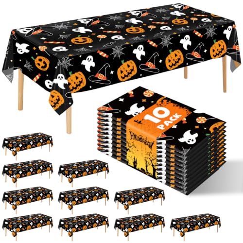 Halloween Tablecloth Set - 10 Pack Pumpkin Ghost Disposable Plastic Table Covers 54x108 Inches - Variation: Pumpkin Ghost