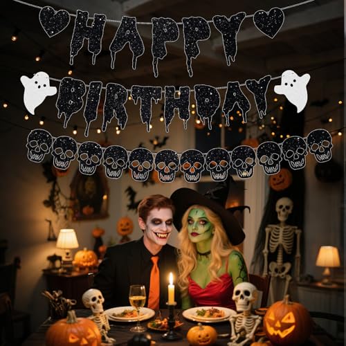 Black Glitter Halloween Birthday Banner & Skull Garland Set