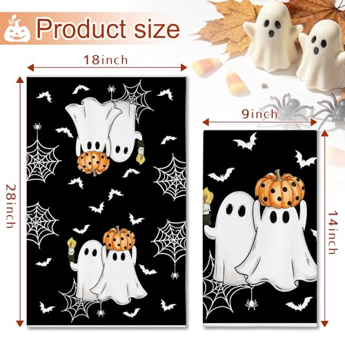 Hexagram Halloween Kitchen Towels Set of 2 - Black Stripe Ghost Design, 18x28 Inches