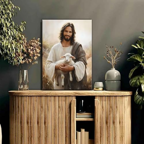 Jesus and Lamb Canvas Wall Art - Wrapped 36x24 Inch Christian Religious Decor