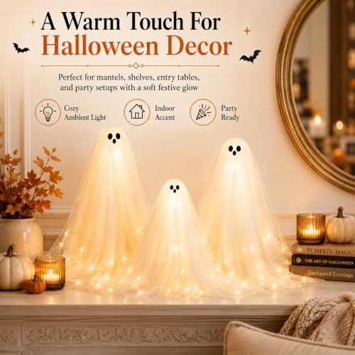 Halloween Ghost Decorations Indoor 3 Pack with Warm White Lights - Witch Hat Lamp & Candlesticks