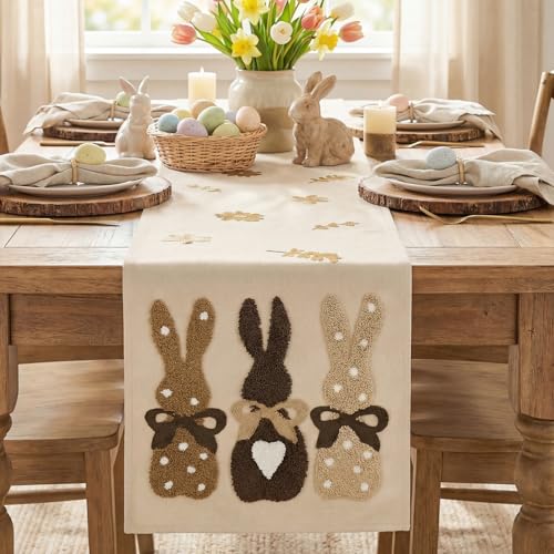 Easter Bunny Table Runner 13x72 Inch - Seasonal Spring Kitchen Decor, Brown Embroidery
