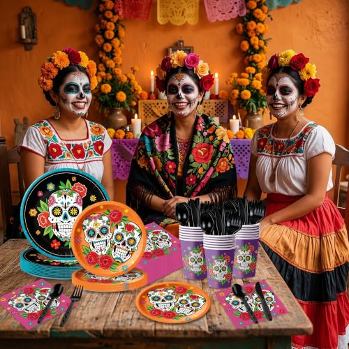 Day of the Dead Party Plates Napkins Set - Colorful Skeleton & Marigold Design - 168pcs - Variation of THIS listing