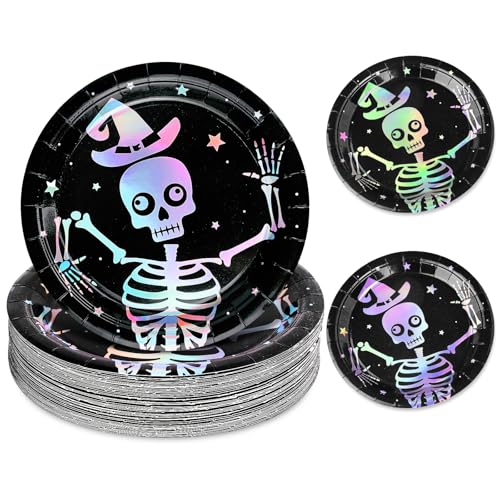 Skeleton Halloween Party Plates - Iridescent Silver 9 Inch Disposable Dinnerware Set with Color-Changing Holographic Effect