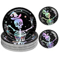 Skeleton Halloween Party Plates - Iridescent Silver 9 Inch Disposable Dinnerware Set with Color-Changing Holographic Effect