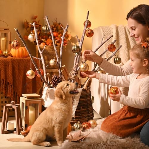 Fall Pumpkin Ornaments Set - Shatterproof 20pcs 2.36 Inch Tree Decorations with Rattan & Pumpkin Prints