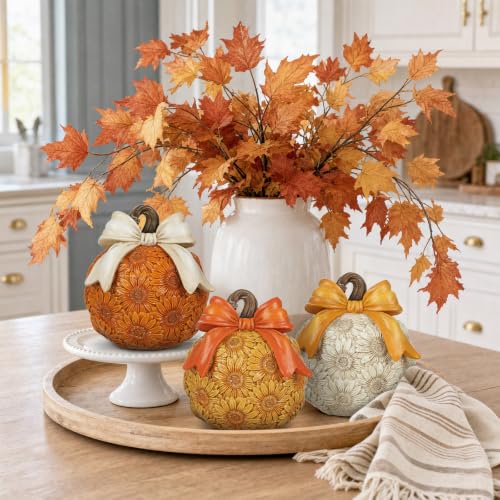 Fall Sunflower Pumpkin Decor Set - 3 Pack Artificial Autumn Pumpkins with Bows - White, Orange, Yellow