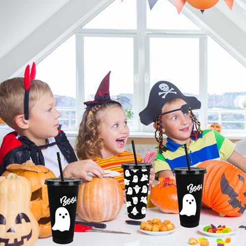 Halloween Ghost Plastic Cups with Lids & Straws - 24 Oz Reusable Tumblers for Party, Birthday & Baby Shower Decor, Black & White, Set of 12