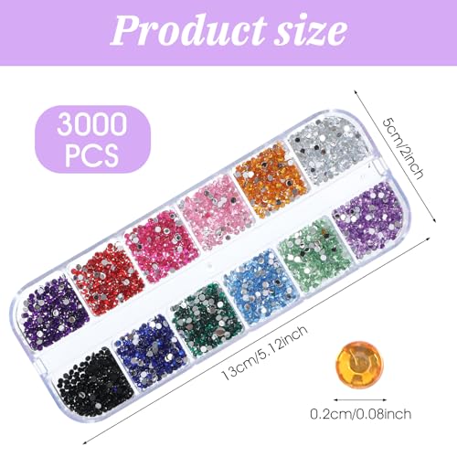 Multicolor Nail Gems Set - 3000pcs 2mm Rhinestones for Nail Art & Crafts