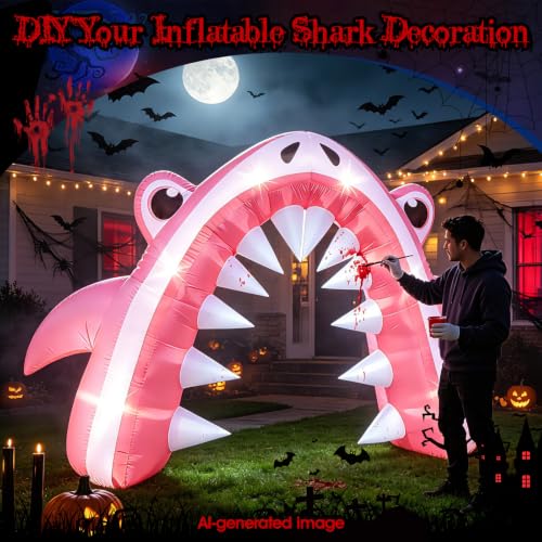 Pink Halloween Shark Inflatable Archway - 13FT Yard Lawn Decor with LED Lights