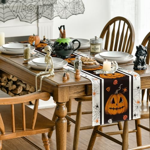 Halloween Jack-O'-Lantern Pumpkins Spider Web Table Runner 13x120 Inch Black Beige