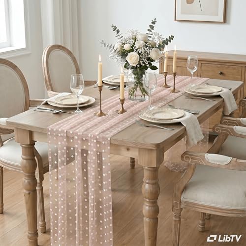 Pink Gauze Flocking Table Runner 10FT for Wedding Holiday Dining - Variation 28" x 120"
