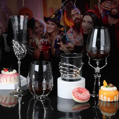 Gothic Skeleton Skull Wine Glass - Bone Hand Chalice with Clear Glass - 2 Pack - Variation 2C