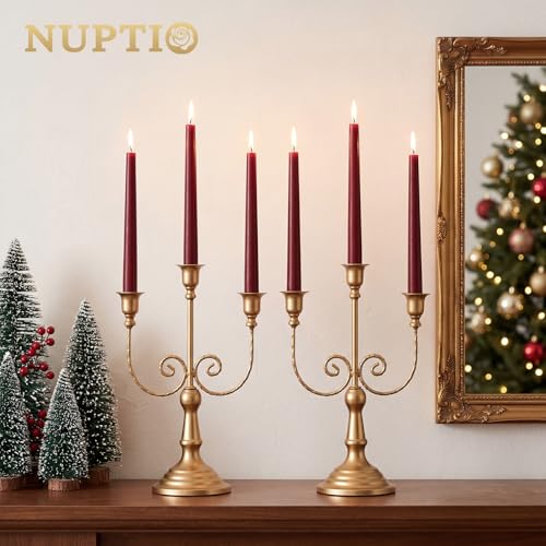 NUPTIO 3-Arms Gold Candlestick Holders for Taper Candles - Set of 6