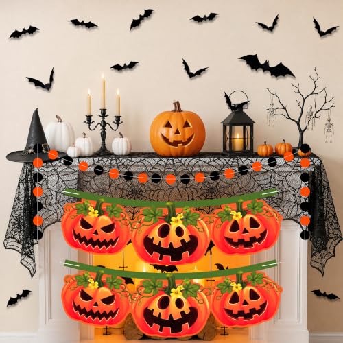 Halloween Pumpkin Banner & Spider Web Mantel Decor Set
