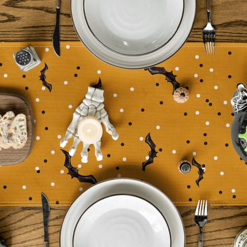 Halloween Table Runner 13x90 Inch - Orange Jack-O'-Lantern Ghost Black Cat Bat Decor