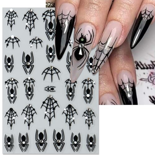 Halloween Spider Nail Stickers Rhinestone Spider Web Self-Adhesive 3D Nail Art Decals - Black Spider Web Variation