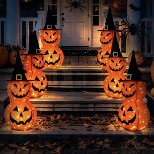 Halloween Lighted Jack‑O'‑Lantern Pumpkin with Witch Hat - Collapsible LED Decor