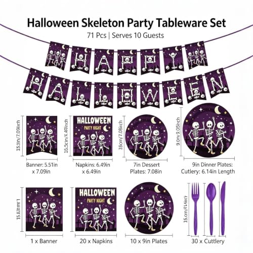 Halloween Disposable Tableware Set for Parties - Plates Napkins Cutlery Banner, Serves 10