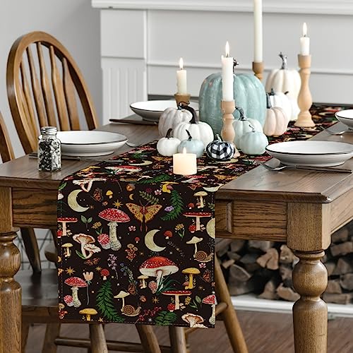 Black Fall Mushroom Table Runner 13x72 Inch - Farmhouse Kitchen Decor