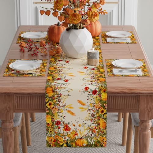 Fall Wild Flowers Pumpkin Table Runner 13x72 Inch for Home Decor - Variation of THIS listing