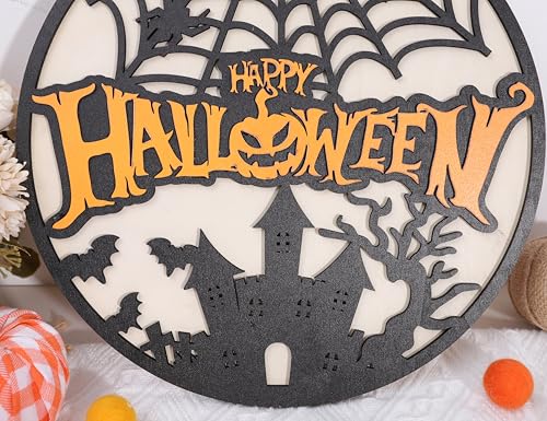 Happy Halloween Wooden Wreath - Ghost Bat Pumpkin Door Sign & Garland - Indoor Wall Decorations - Variation: Happy Halloween Wreath
