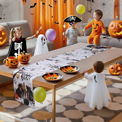 Halloween Pumpkin Skull Boo Table Runner - Black & White, 183x33cm, Festive Kitchen Decor
