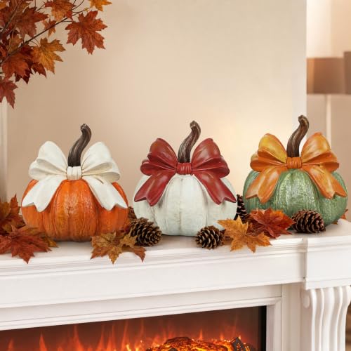 Fall Pumpkin Decor Set of 3 with Bows - Artificial Resin Rustic Autumn Decorations - White, Orange, Green